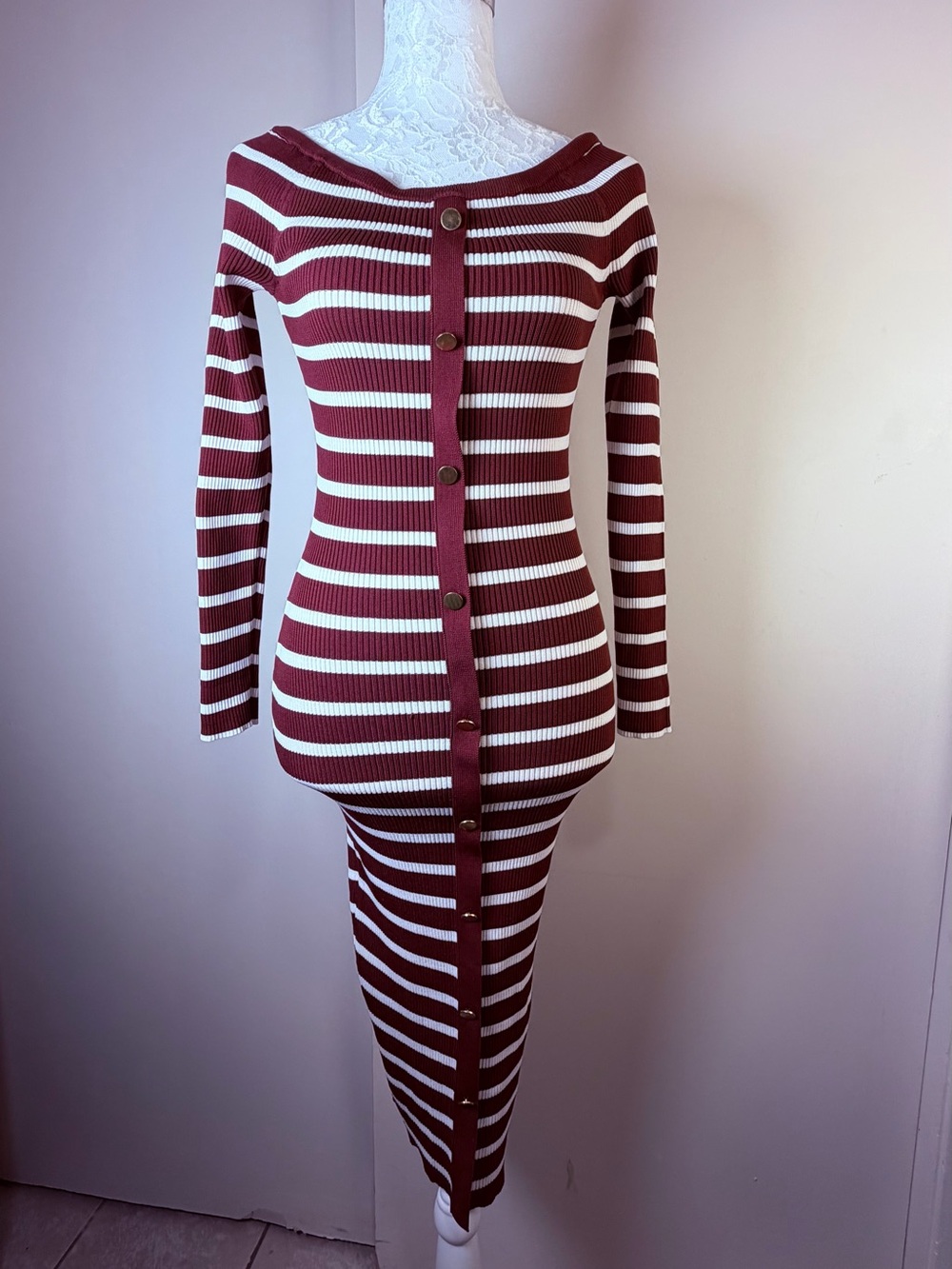 Derek Heart Burgundy and White Striped Ribbed Button-Front Long Sleeve Dress